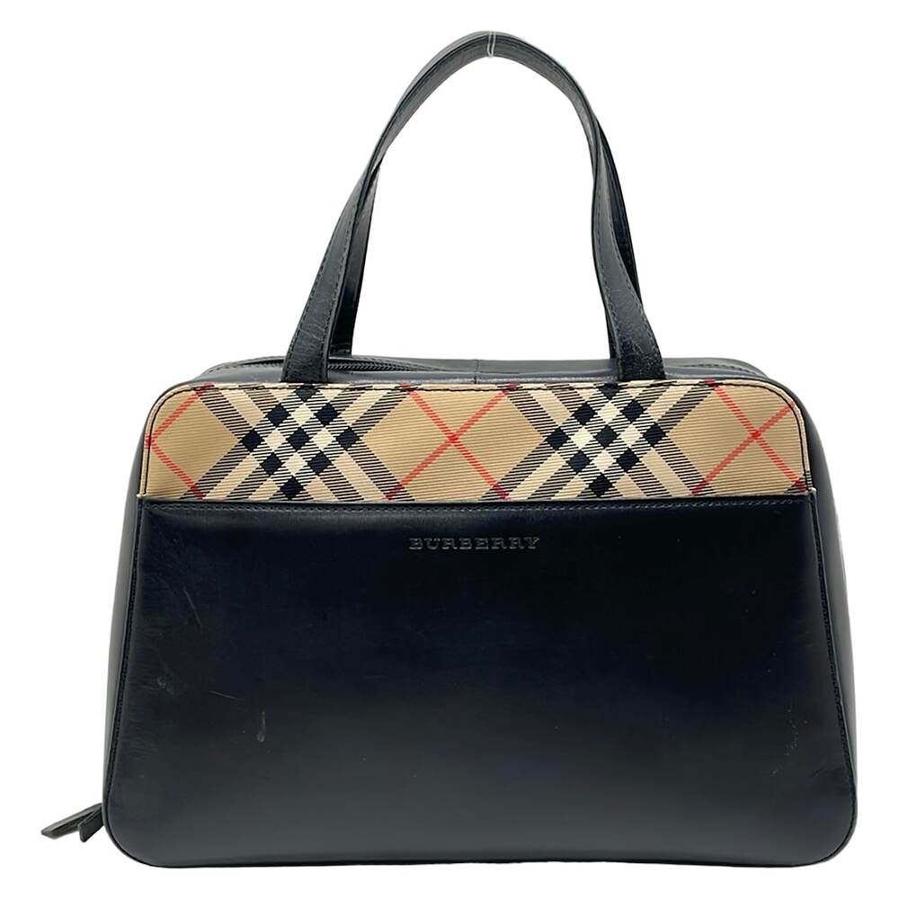 Burberry Handbag Black Beige Multi Leather Nylon Jacquard